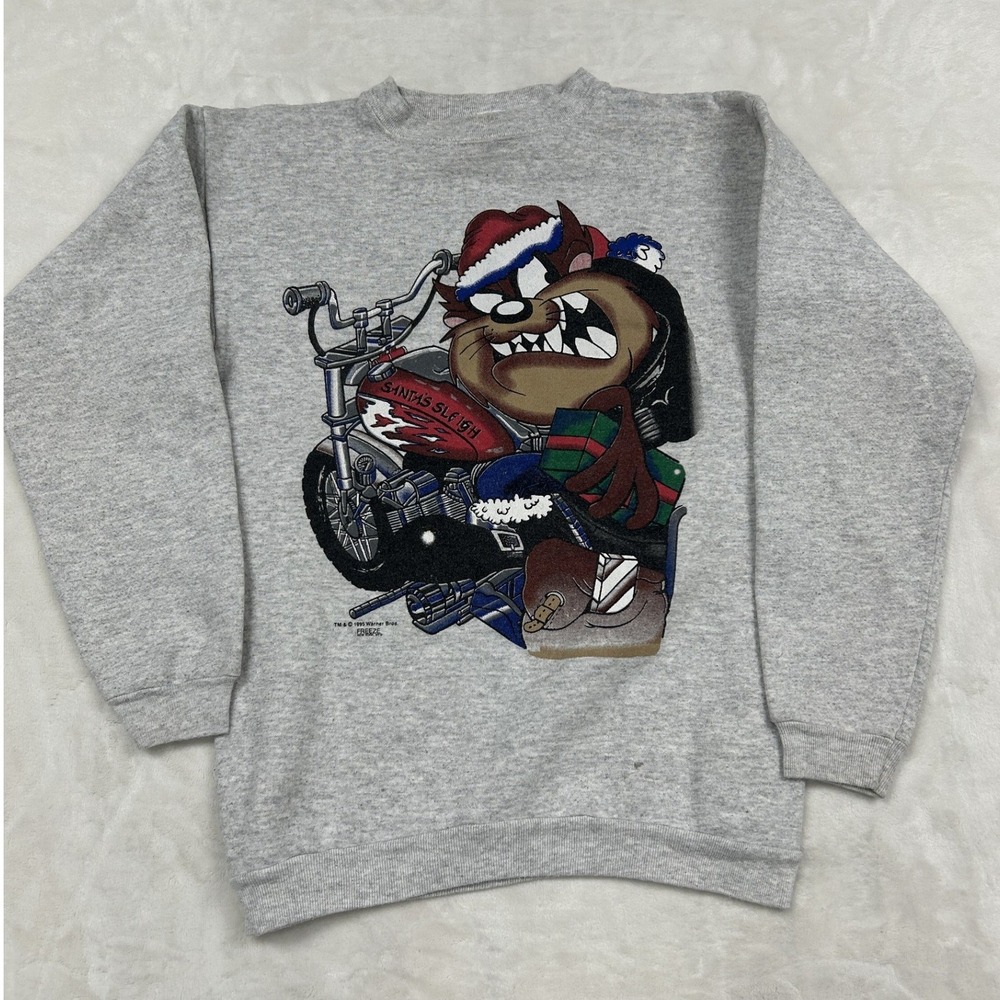 Warner Bros Taz Sweatshirt Mens M Gray 1995 Vintage Looney Tunes Santa Biker